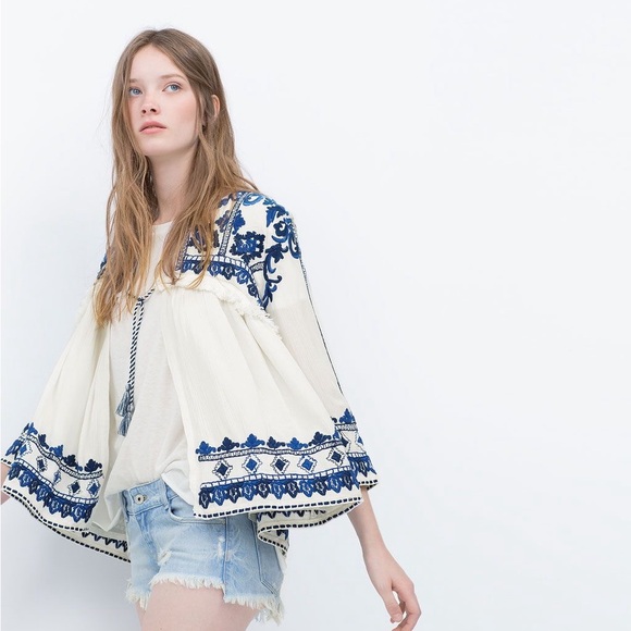 Zara Tops - Zara Blue and‎ Cream Boho Embroidered Blouse Jacket Size Small